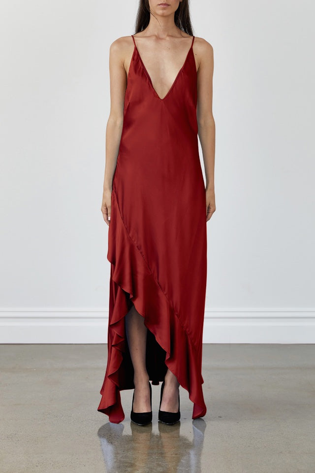 Robe longue sexy en satin à bretelles spaghetti pour femme, col en V, dos nu, ourlet asymétrique à volants, robe de soirée, de bal